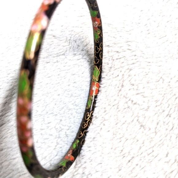 Vintage 1970's Black & Pink Chinese Cloisonne Enamel Floral Bangle Bracelet - Picture 6 of 13